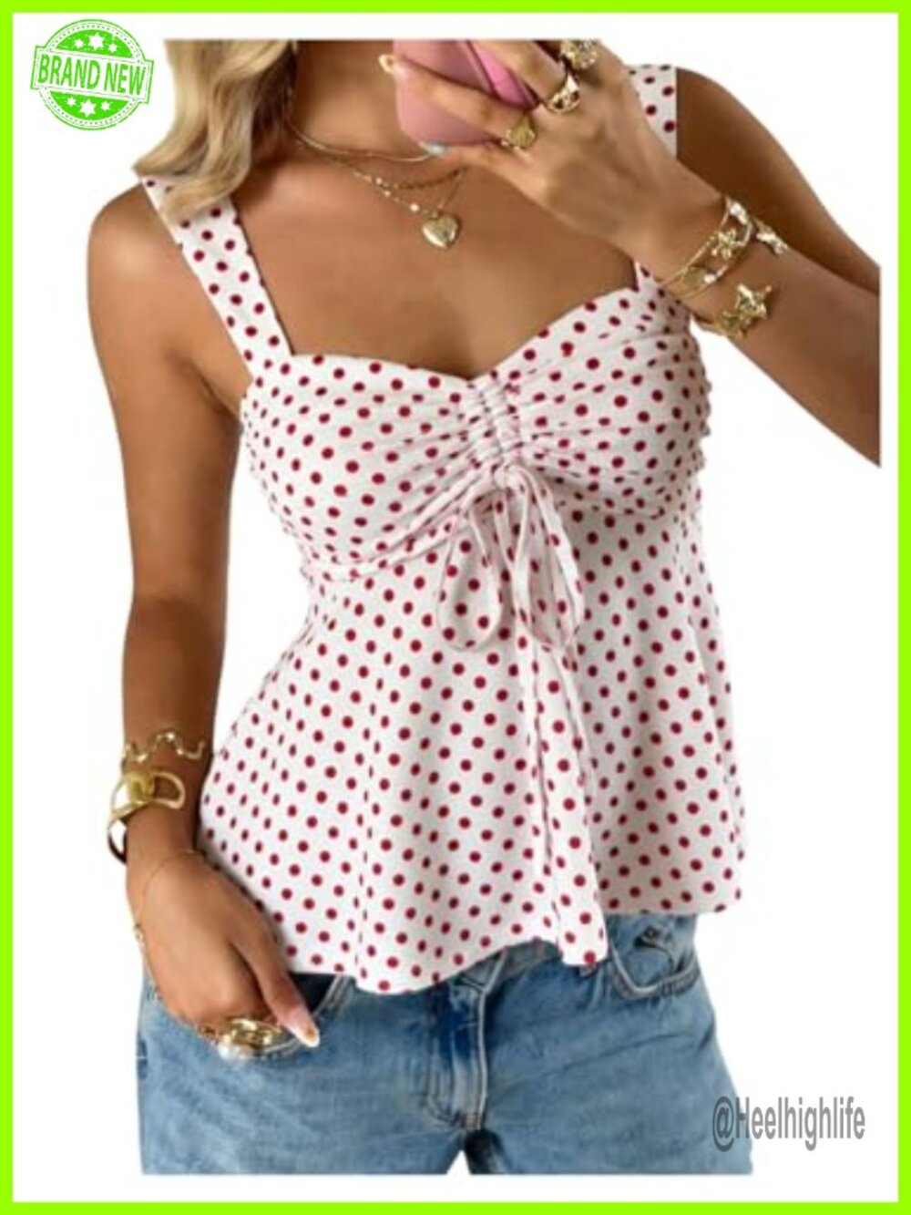 Womens Polka Dot Tank Top Tie Front Ruffle Hem Summer Crop Top